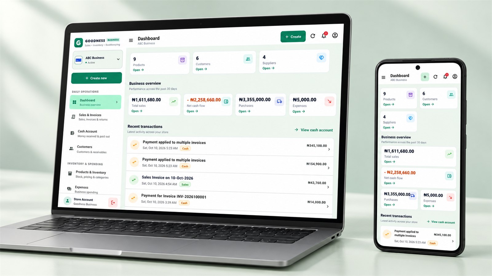 Goodness Business dashboard displayed on a laptop and mobile phone