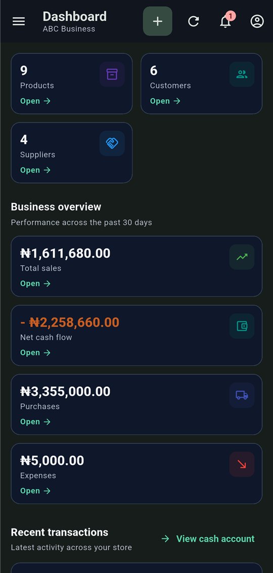 Goodness Business mobile dashboard in dark mode