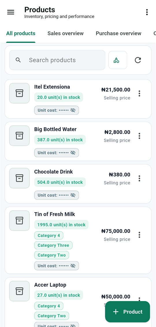Mobile inventory list with stock quantities and prices