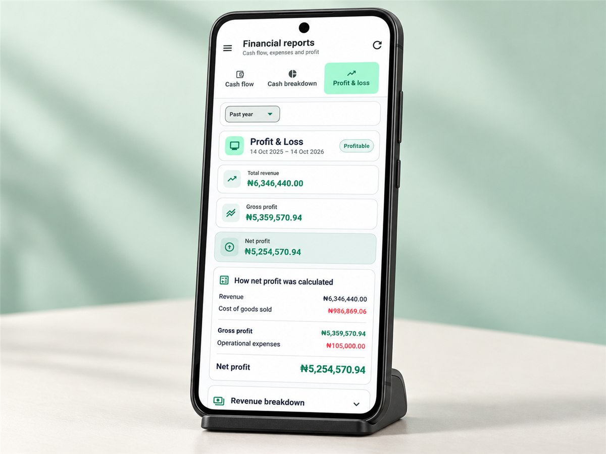 Goodness Business profit and loss report on a mobile phone