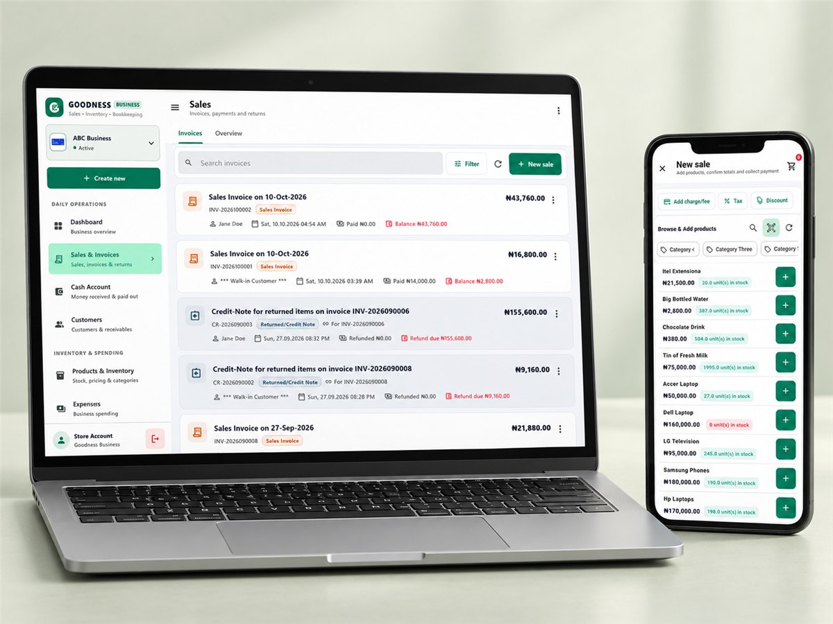 Sales invoices on a laptop alongside product selection for a new sale on a phone